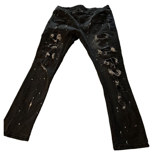 M Society Distressed Ribbed Ripped Paint Skinny Jeans Men's Size 38x32 Black - Picture 1 of 16